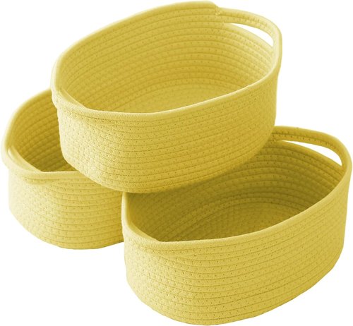 JMvicyroam Woven Basket - Small Rope Storage Bin with Handles | Versatile Organizer for Shelves & Closets - Yellow, 3 Pack