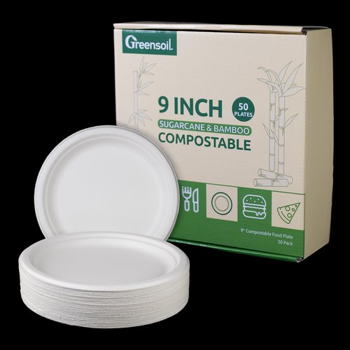 Greensoil 9 Inch Paper Plates - 50 Pack, Heavy Duty Disposable Plates, BPI Certified Compostable Plates for Dinner, Party, Wedding - Soak Proof, Cut Resistant, PFAS Free, Microwave & Freezer Safe