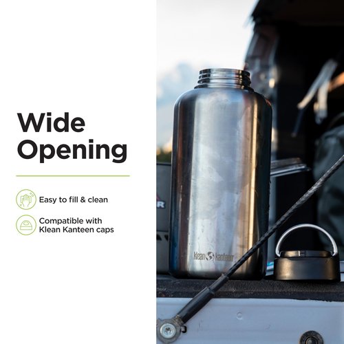 Klean Kanteen Wide Mouth Water Bottle with Loop Cap - Screw Top Leakproof Design - BPA-Free Recycled Stainless Steel - Single Wall - Lightweight Reusable Bottle - Brushed Stainless - 64 oz