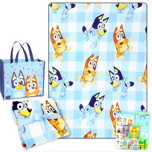 Bluey Fleece Blanket & Cinch Bag Set - Bundle with Soft Blanket, Tote Bag, Stickers, More for Kids, Adults | Cozy Bluey & Bingo Fleece Blanket 50x70”
