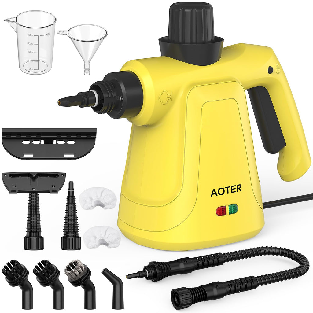 AOTER Pressurized Handheld Steam Cleaner, Portable Multi-Surface Cleaner for Home, Multipurpose Steam Cleaner for Tile, Grout, Windows, Bathroom, with 12pcs Accessories (Yellow)