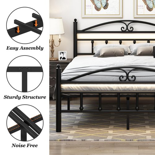 Samurbex Full Size Bed Frame with Charging Station,Black Metal Platform Bed Frame with LED Lights,Heavy Duty Metal Steel Slats Support,No Box Spring Needed,Noise Free,Easy to Assemble