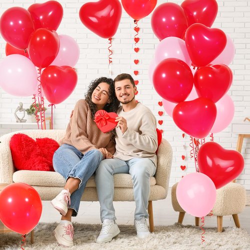 60Pcs Pink and Red Heart Shaped Balloons, Red Valentine's Day Balloons Set with Ribbon, for Wedding, valentines decorations, Marriage Proposal Props