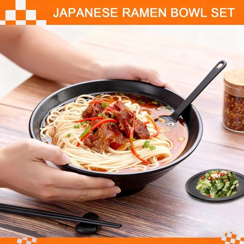 TEQKON (Set of 2) Unbreakable Japanese Style Ramen Bowl with Chopsticks Spoon & Dipping Bowl Saucers, Large Black Matte Melamine Bowls for Pho Thai Miso Udon Soup Noodles, Asian Food & Wonton