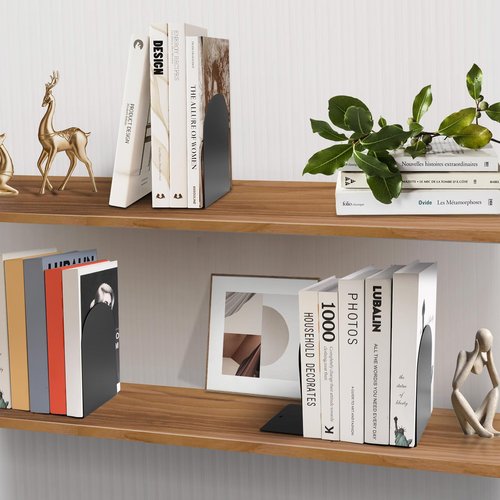 Hiziwimi Metal Book Ends for Shelves - 6Pcs Bookends for Heavy Books Non-Skid Decorative Book Stopper to Hold Books/CDs for Home Office School and Desktop Organizer, Black