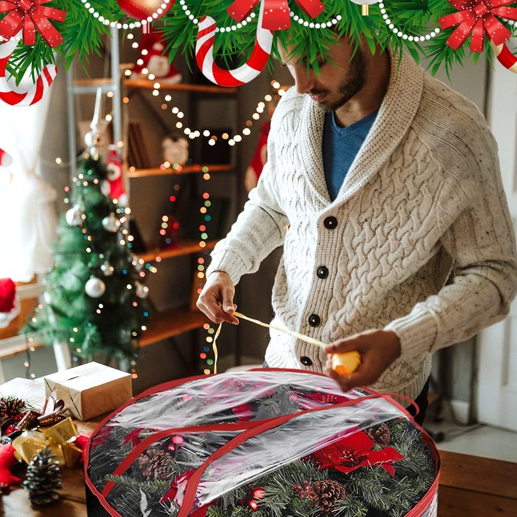 ProPik Christmas Wreath Storage Bag - Waterproof Clear PVC Container for 30" Wreaths | 2-Pack, Red