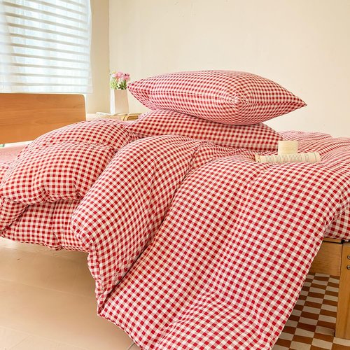 NSNLGSGC Red Gingham Duvet Cover Set Queen, Grid Simple Geometric Square Pattern Comforter Cover,Soft Plaid Washed Microfiber Bedding Cover(3PCS,Queen)