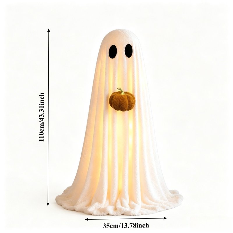 Lighted Ghost Prop Standing Halloween Decoration with Pumpkin, Adjustable Tripod, White, 3.6FT