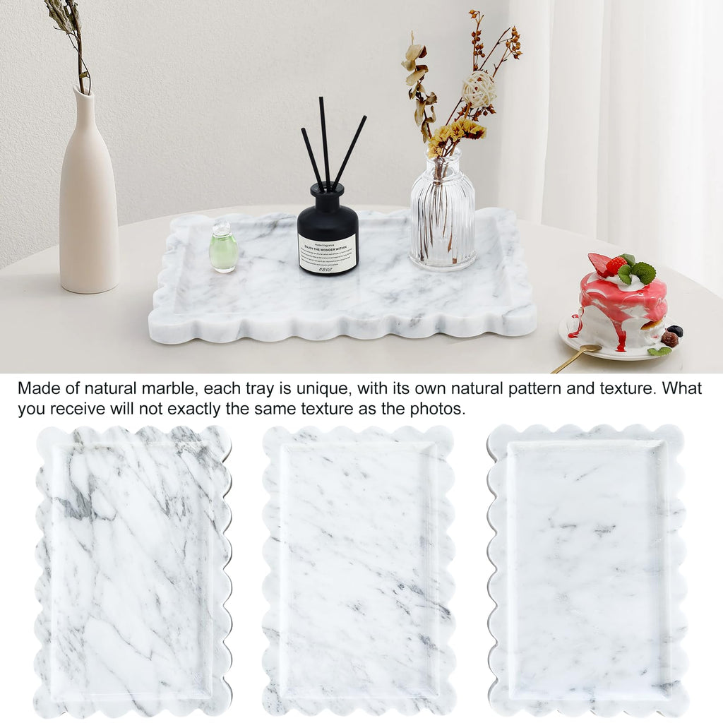 Real Natural Scalloped Marble Tray for Bathroom, Vanity, Kitchen and Desktop, Decorative Stone Tray for Jewelry, Cosmetics, Candles, Lotion, Perfume and Home Decor (12" L x 8" W)