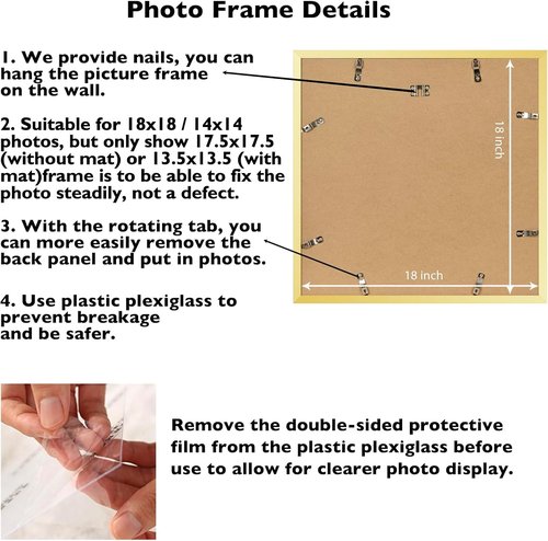 JCJMY 18x18 Gold Picture Frame - Display 14x14 Photos with Mat or 18x18 Without Mat | Shatter-Resistant Plexiglass
