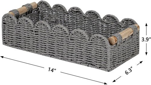 CubesLand Scalloped Edge Toilet Paper Storage Basket - Cozy Home Decor with 2 Wooden Handles | Grey