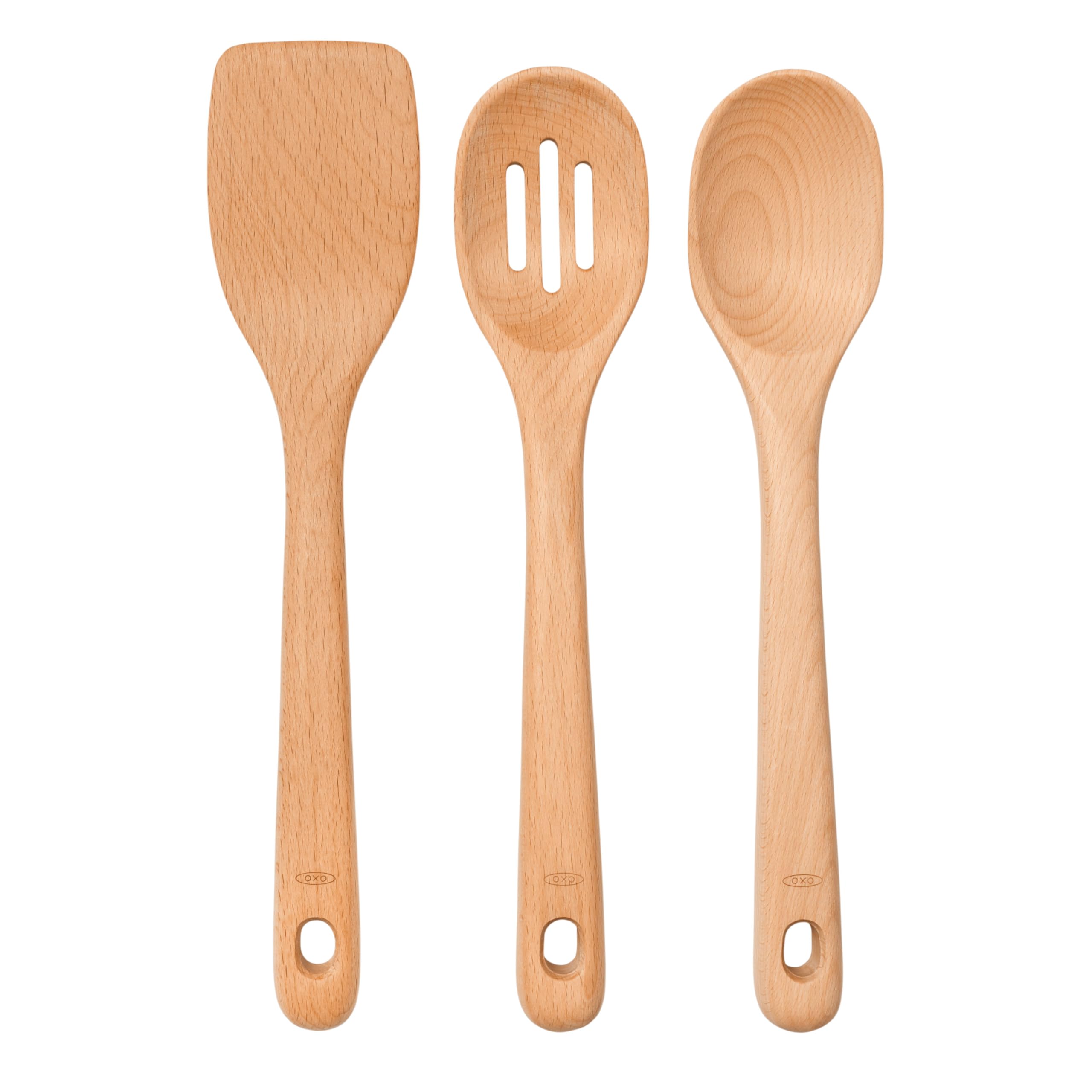 OXO Good Grips 3‑Piece Wooden Utensil Set, Solid Beachwood Spoon, Slotted Spoon and Turner