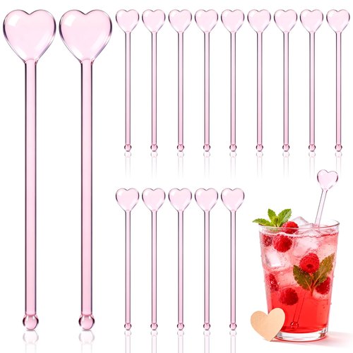 16 Pcs Valentines Day Glass Drink Stirrers, Heart Swizzle Sticks Valentines Stir Sticks for Cocktail Coffee Whiskey, Reusable Stirrers for Home Bar Restaurant Party Supplies