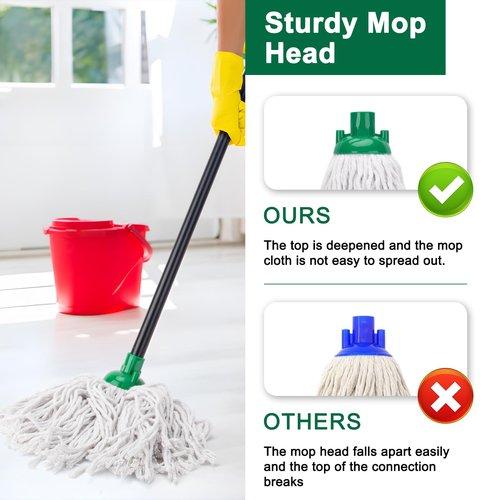 KeFanta Mop for Floor Cleaning,2 Pcs Cotton String Wet Mops Replacement Head Compatible with Microfiber Cloth Mop Refill & 0.8" Diameter Mops Handle,Green(1 Handle & 2 Heads)