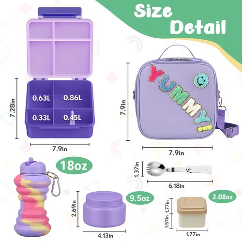 Bento Lunch Box with 10oz Soup Thermo for Kids Insulated Lunch Bag & Foldable Silicone Cup Food Leak Proof Food Container with 5 Compartment for Kid to Shool Travel