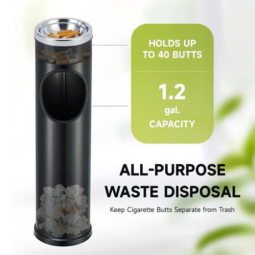 CO-Z 2pc Standing Ash Tray Set with Trash Can, Indoor Outdoor Ashtray with Removable Tray 1.2 gal Garbage Can, Smokeless Waste Disposal for Cigarette Butt & Trash, Covered Ash Holder for Patio, Black