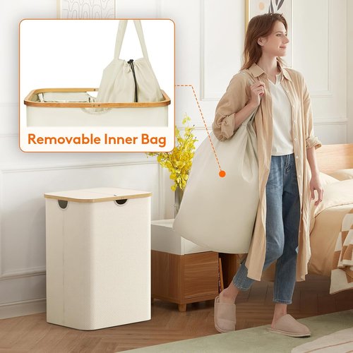 Lifewit 150L Laundry Basket - Foldable Hamper with Lid & Bamboo Handles | White, Large Capacity