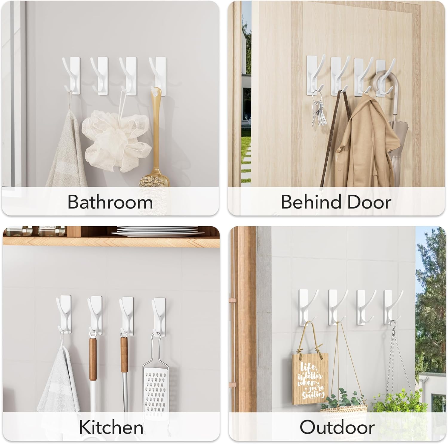 Pickpiff White Self-Adhesive Coat Hooks - 13LB Extra Strong Stainless Steel Wall Hooks | 10 Pack for Towels, Utensils, and More