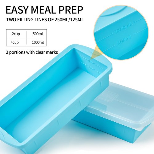 WENQING Silicone Freezer Tray with Lid 2 Pack Silicone Freezer Molds - Large Ice Cube Tray - Makes 2 Perfect 4 Cup Portions Soup Cubes Meal Prep Containers- Oven & Dishwasher Safe