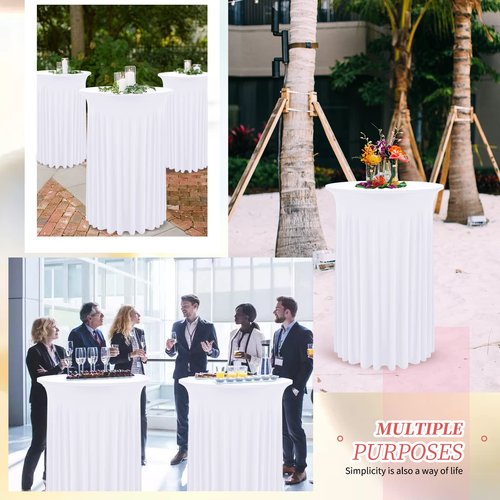 REWOMC 10 Packs Round Cocktail Table Skirt 24"x 43" Spandex Stretch Cocktail Tablecloth with Wavy Drapes, White Spandex Fitted High Top Table Covers for Wedding Bar Party Birthday Banquet Tables