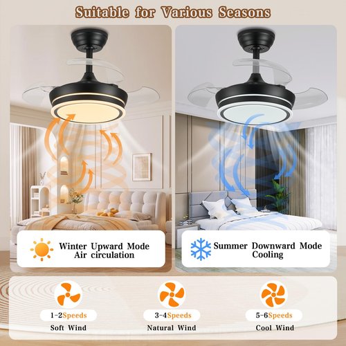 Zynfandor 30" RGB Retractable Fandelier Ceiling Fan Dimmable Chandelier Ceiling Fans with Lights and Remote APP Control for Living Dinning Room Bedroom Black