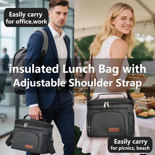 ExtraCharm Insulated Lunch Bag - Leakproof Cooler Tote for Office, Picnic, Hiking | Adjustable Strap - Black