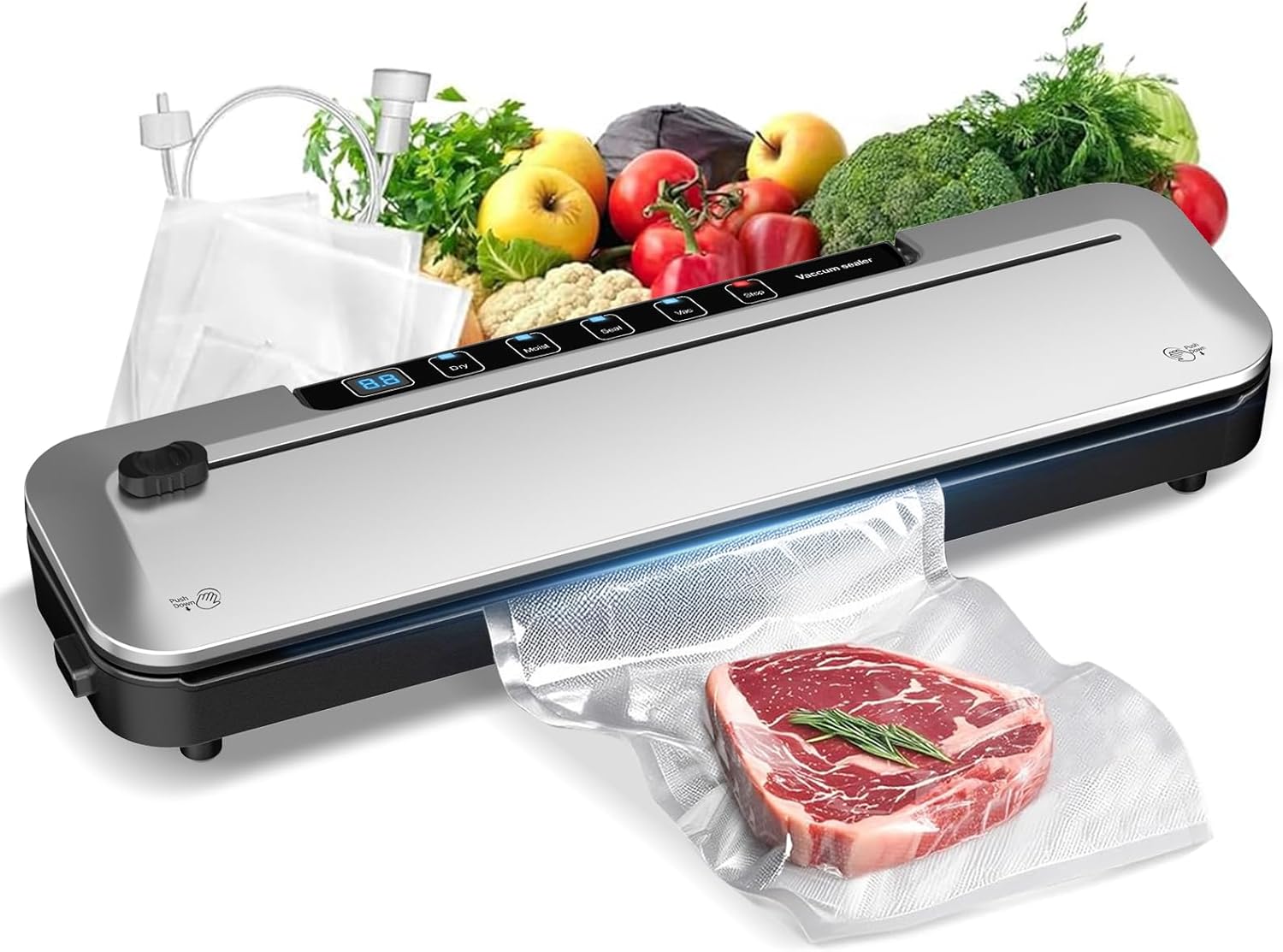 Vacuum Sealer Machine - 6-in-1 Dry/Moist Modes & Digital Timer | Compact Design with 10 Bags (Black Silver)