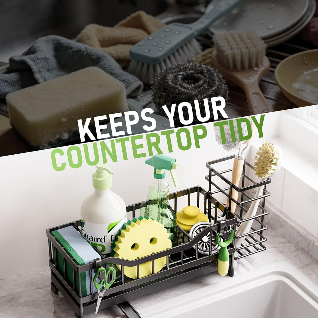 Skiennix Kitchen Sink Caddy - 304 Rustproof Stainless Steel Sponge Holder | Black Countertop Organizer