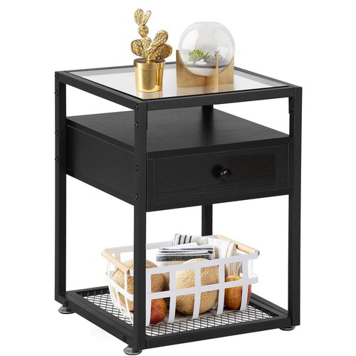 VECELO C Shaped End Side Table for Sofa Couch for Living Room Bedroom，Dark Black