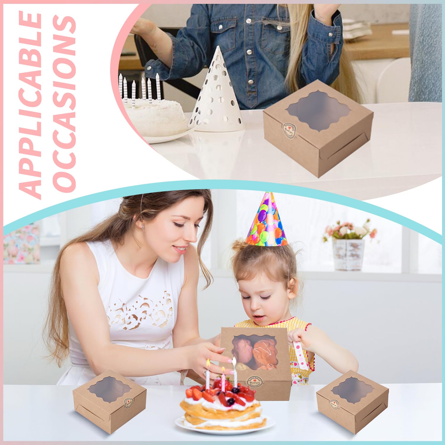 PFAMKEER 100 pcs 6x6x3 Inches Small Cake Box with Window, Bakery Pastry Cookie Boxes, Mini Pie container for Pastry,Dessert,Strawberries,Chocolates, Cupcakes with paper stickers (Brown)