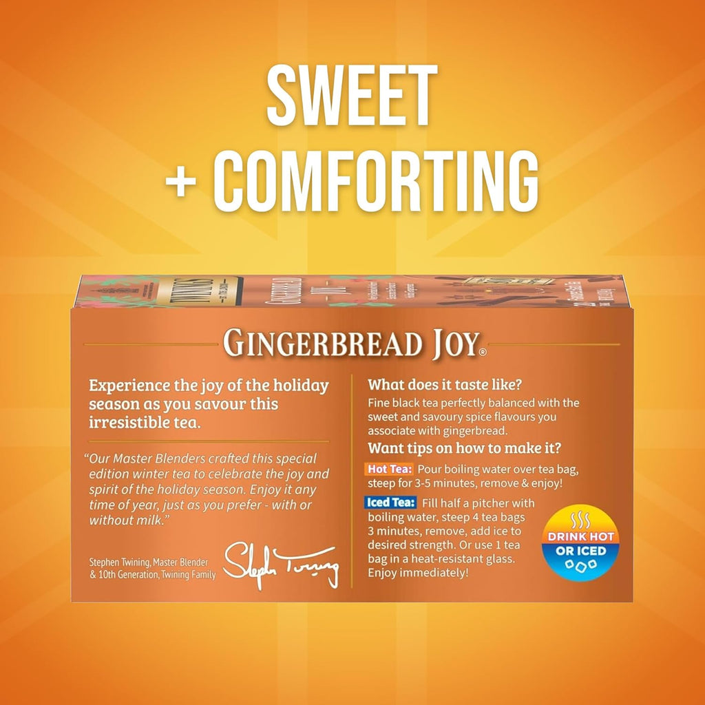 Twinings Gingerbread Joy Black Tea - Caffeinated Ginger & Cinnamon Flavor, 20 Individually Wrapped Bags
