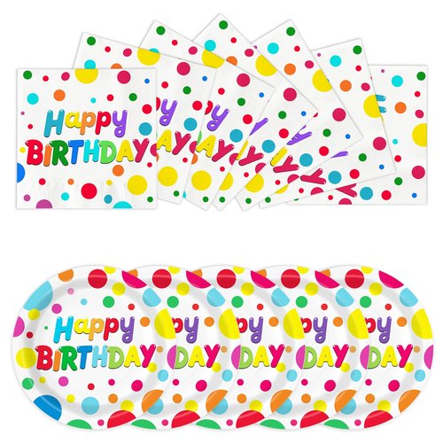 50 PCS Happy Birthday Paper Plates and Napkins Serve 25, 9 inches Colorful Polka Dots Cake Dessert Plates Disposable Dinnerware Tableware Table Decor Decorations for Dinner Bday Party Supplies