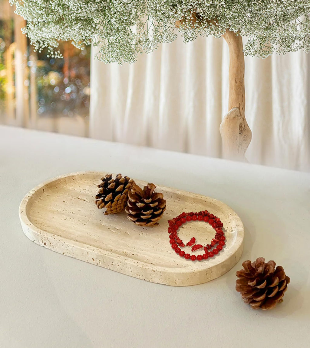 Natural Oval Travertine Vanity Tray 11.8 x 5.9inches, Beige Marble Stone Tray Dish Bathroom Catchall Tray for Jewelry Perfume Candle, Large Decorative Tray for Bedroom/Counter/Home Decor
