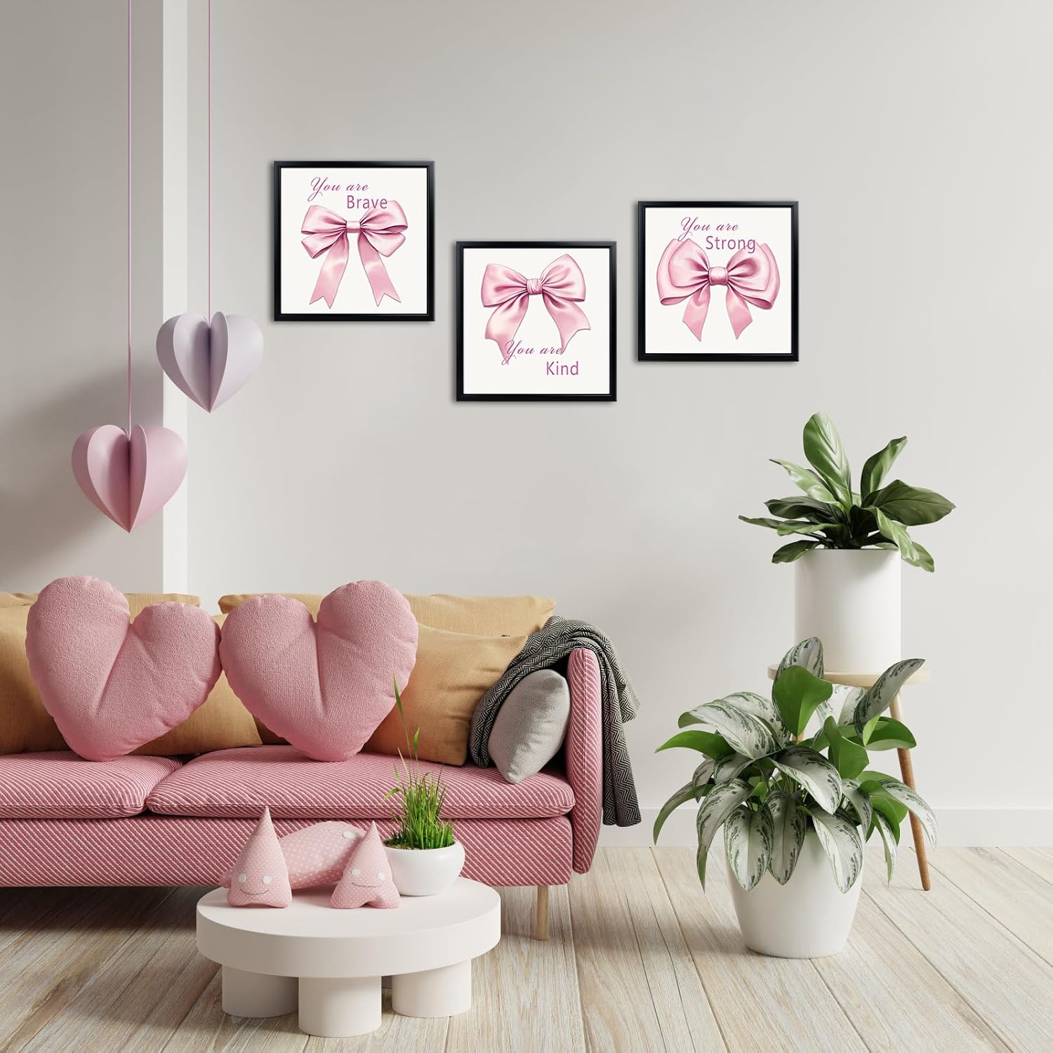 WELMECO Bow Wall Decor - Inspirational Framed Art Set for Girls | 3-Piece 12x12" Prints in Black Frame (Pink)