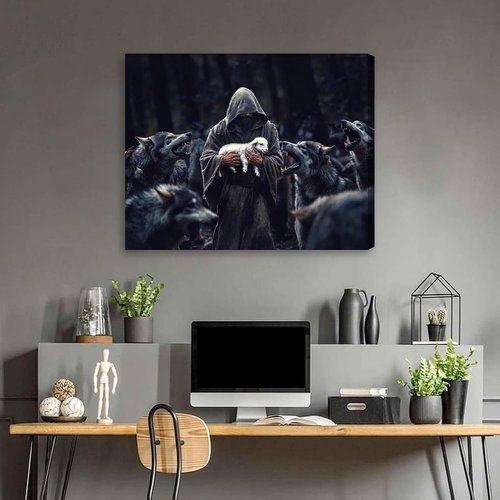 Jesus Saves - Protecting Lamb from Wolves Art | Christian Wall Decor Canvas Print 16"x24"