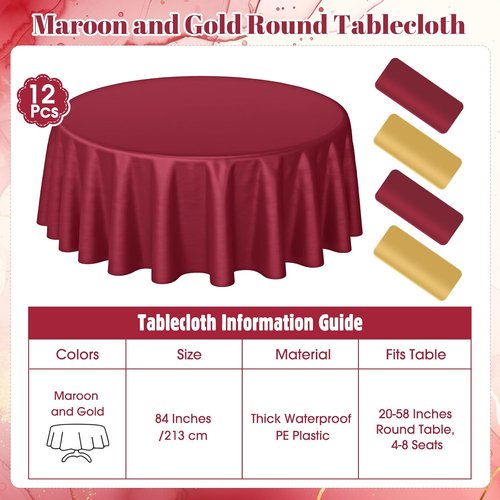 Buryeah 12 Pcs Round Burgundy & Gold Waterproof Disposable Tablecloths | 84 Inch for Parties
