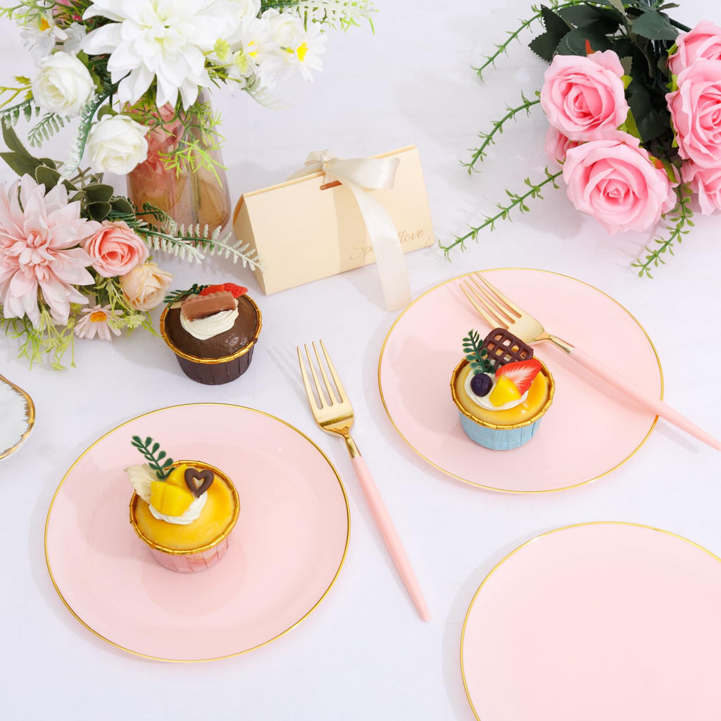 LIYH 96 Pcs Pink Gold Disposable Dessert Plates & Forks Set - 7.5 Inch Salad Cake Appetizer Plastic Plates for Parties, Birthdays, Baby Showers 48 Guests