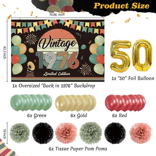 47Pcs 50th Birthday Decorations for Men Women, PRE-STRUNG Vintage 1976 Banner Party Supplies,Back in 1976 Backdrop,Cake Topper,Balloons,6 Table Centerpieces,Hanging Swirls,Paper Pompoms PRE-ASSEMBLED