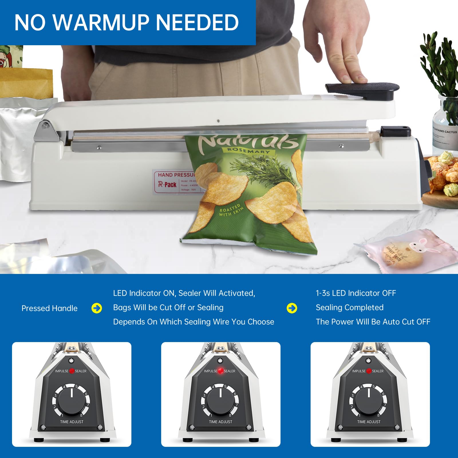 R-PACK Impulse Heat Sealer with Seal bar, Heavy-Duty Bag Sealing & Cutting Machine, 2 Extra Replacements (white, 16inch)