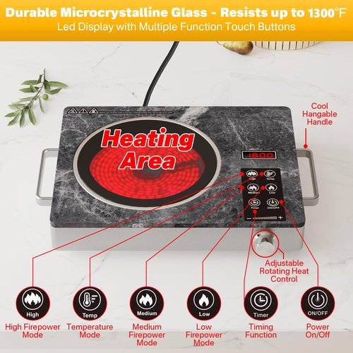 Alemania Single Burner Ceramic Cooktop, Portable 1800W Electric Stove, Countertop Burner for Cooking, Plug in Kitchen Hot Plate, Temperature Adjustable Compact Hob Camping Stoves
