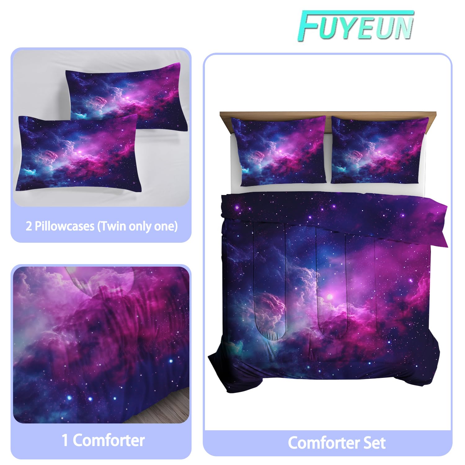 FUYEUN Galaxy Comforter Sets Queen Size Purple Outer Space Bedding Set for Teen Girls Boys Kids Children Bedroom Dorm Quilt 1 Comforter + 2 Pillow Cases