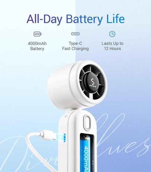 Diveblues Mini Portable Turbo Fan - 12H Max Cooling, 4000mAh Battery, 3-in-1 Handheld/Neck/Desktop Fan