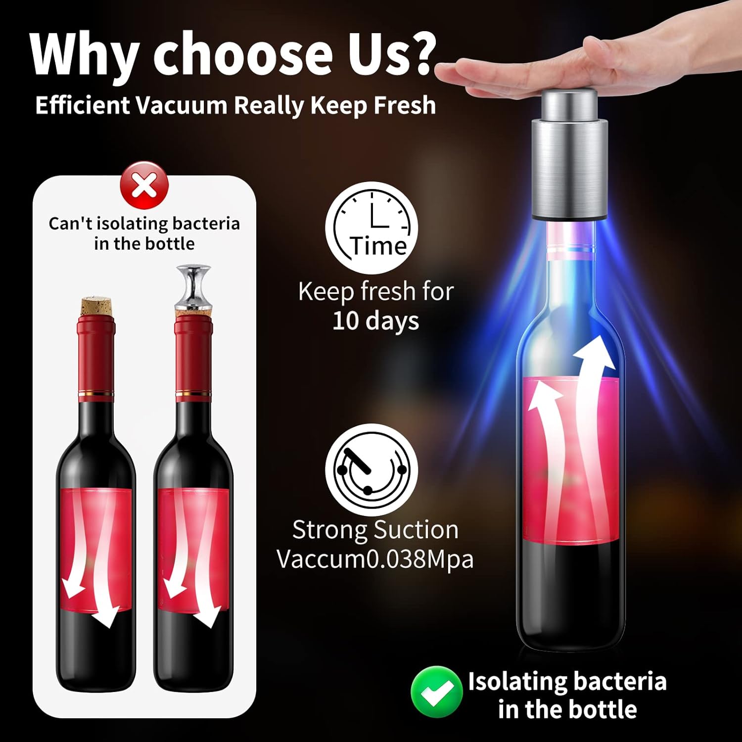 [2 PACK]Wine Bottle Stoppers，2-in-1 Vacuum Wine Stopper，1 Stainless Steel (Silver) and 1 ABS(Black) Wine Savers, Reusable Wine Preserver, Vacuum Pump Corks Keep Wine Fresh, Best Gift Accessories.