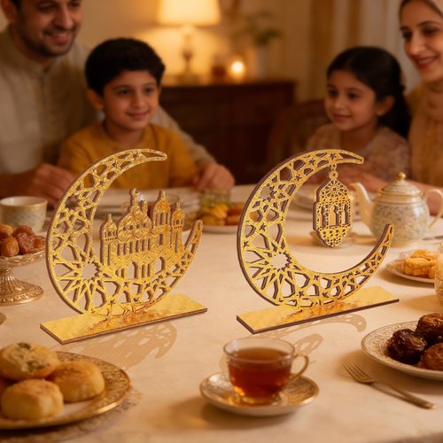 Ramadan Decorations, 2 Pieces Wood Ramadan Decorations for Home, Gold Islamic Crescent Moon & Mosque Table Sign, Ramadan Mubarak Kareem Home Decor Art Craft for Muslim, Eid Centerpieces Decor