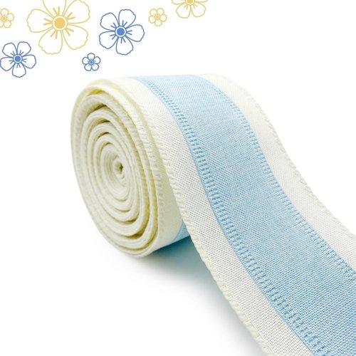 Blue & White Ribbon by [Brand Name] - Wired Ivory Stripe Edge for Baby Shower & DIY Crafts | 10 Yards x 2.5 Inch