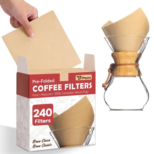Phyyixs Pre-Folded Unbleached Cone Coffee Filters – Premium Thick Paper, Compatible with Chemex Pour-Over Brewers (240 Filters)