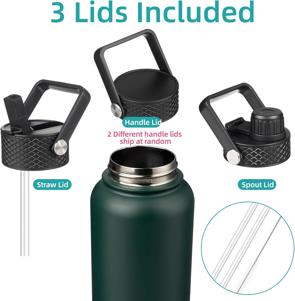 Skiennix 40oz Insulated Water Bottle - Durable Stainless Steel | 3 Lids, Army Green Color