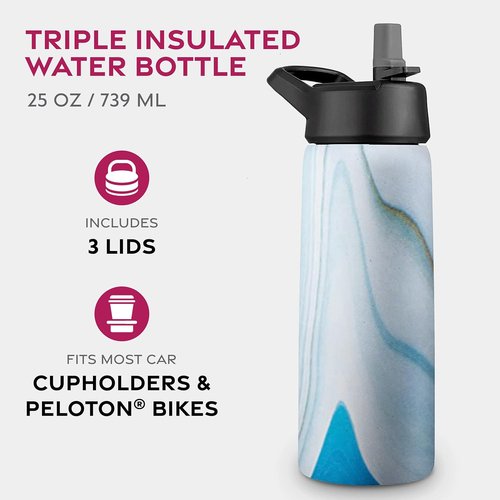 FineDine Stainless Steel Insulated Water Bottle - 25 Oz | Keeps Drinks Hot or Cold - Exquisite Blue Marble