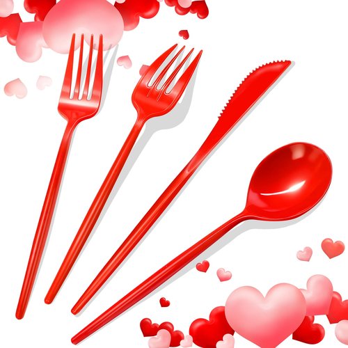 Gudvilla 120pcs Red Plastic Silverware Set Sturdy Red Utensils Disposable Plastic Cutlery Heavy Duty includes Forks and Spoons and Knives Sets for Valentines Day Birthday Graduation Chinese New Year