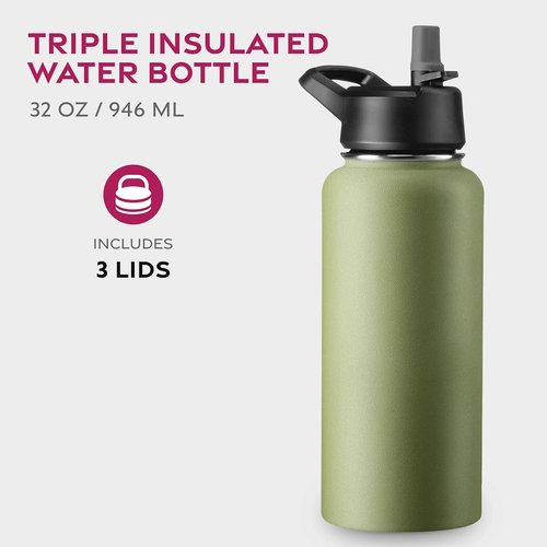FineDine Stainless Steel Insulated Water Bottle - 32 Oz with Straw & Flip Lid - Army Green